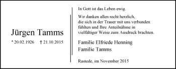 Traueranzeige von Jürgen Tamms von Nordwest-Zeitung