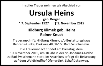 Traueranzeige von Ursula Heins von Nordwest-Zeitung