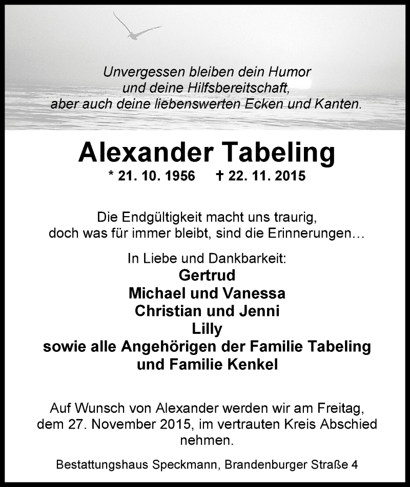  Traueranzeige für Alexander Tabeling vom 25.11.2015 aus Nordwest-Zeitung