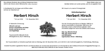 Traueranzeige von Herbert Hirsch von Nordwest-Zeitung