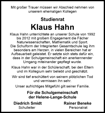 Traueranzeige von Klaus Hahn von Nordwest-Zeitung