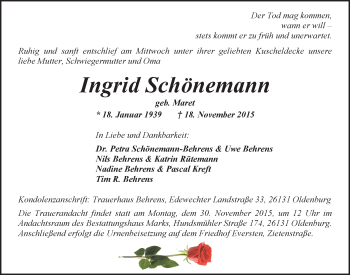 Traueranzeige von Ingrid Schönemann von Nordwest-Zeitung