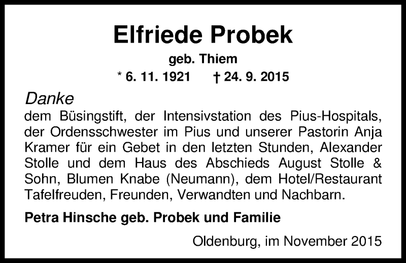  Traueranzeige für Elfriede Probek vom 21.11.2015 aus Nordwest-Zeitung