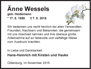 Traueranzeige von Änne Wessels von Nordwest-Zeitung