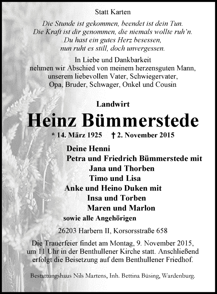  Traueranzeige für Heinz Bümmerstede vom 04.11.2015 aus Nordwest-Zeitung