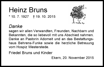 Traueranzeige von Heinz Bruns von Nordwest-Zeitung
