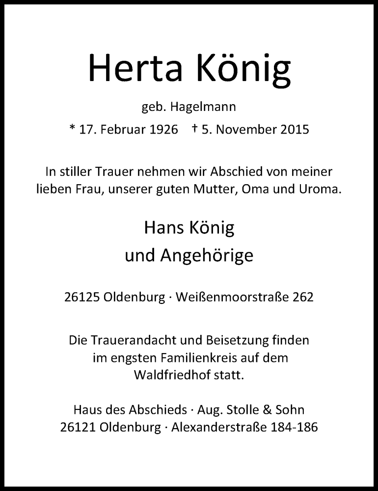  Traueranzeige für Herta König vom 06.11.2015 aus Nordwest-Zeitung