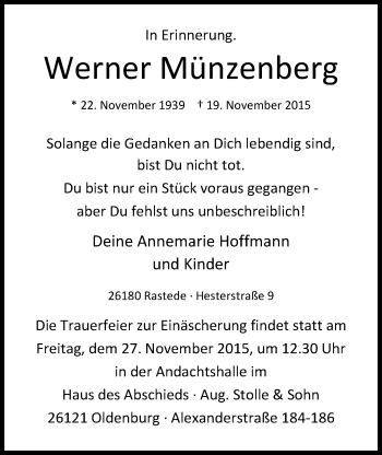 Traueranzeige von Werner Münzenberg von Nordwest-Zeitung