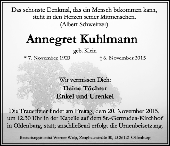 Traueranzeige von Annegret Kuhlmann von Nordwest-Zeitung