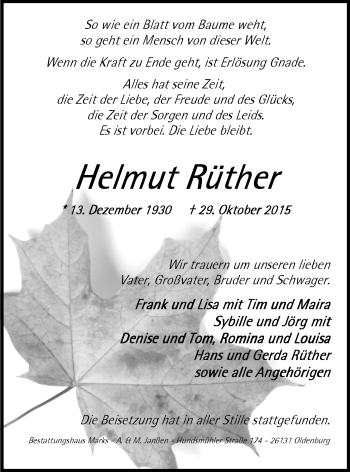 Traueranzeige von Helmut Rüther von Nordwest-Zeitung