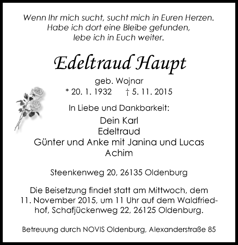  Traueranzeige für Edeltraud Haupt vom 07.11.2015 aus Nordwest-Zeitung