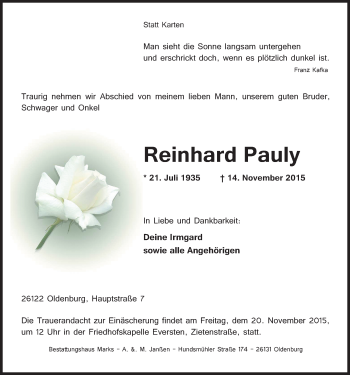 Traueranzeige von Reinhard Pauly von Nordwest-Zeitung