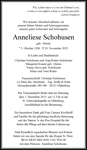 Traueranzeige von Anneliese Schohusen von Nordwest-Zeitung
