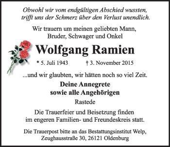 Traueranzeige von Wolfgang Ramien von Nordwest-Zeitung