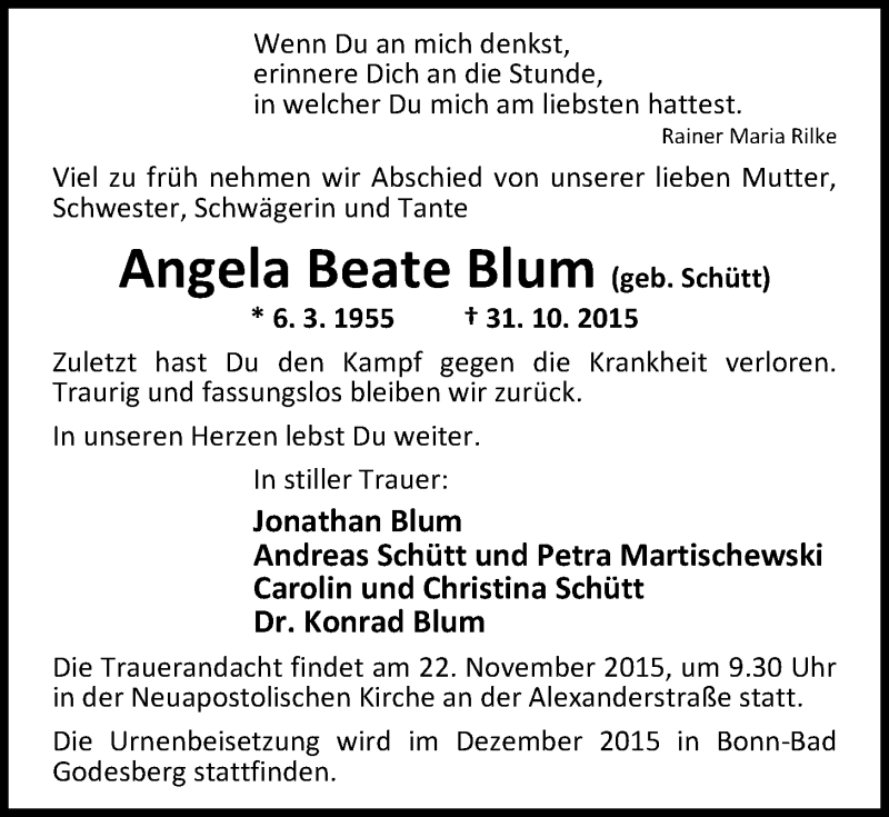  Traueranzeige für Angela Beate Blum vom 21.11.2015 aus Nordwest-Zeitung