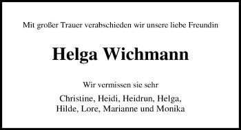 Traueranzeige von Helga Wichmann von Nordwest-Zeitung