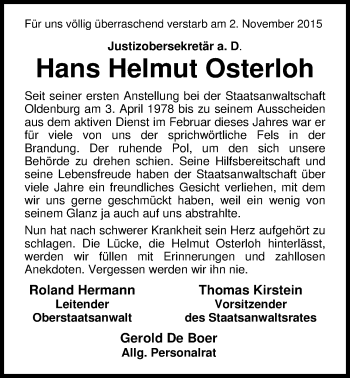 Traueranzeige von Helmut Osterloh von Nordwest-Zeitung
