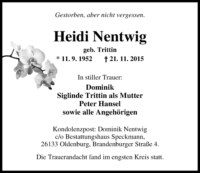  Traueranzeige für Heidi Nentwig vom 28.11.2015 aus Nordwest-Zeitung