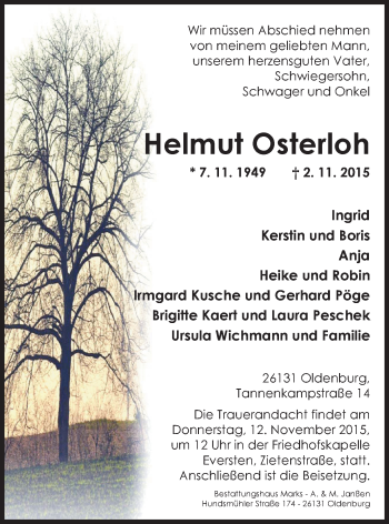 Traueranzeige von Helmut Osterloh von Nordwest-Zeitung