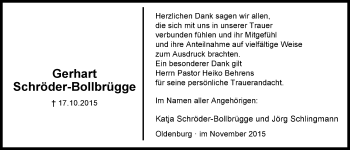 Traueranzeige von Gerhart Schröder-Bollbrügge von Nordwest-Zeitung