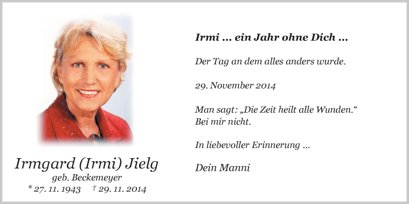  Traueranzeige für Irmgard Jielg vom 30.11.2015 aus Nordwest-Zeitung