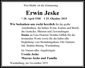 Traueranzeige von Erwin Jeske von Nordwest-Zeitung