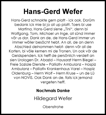 Traueranzeige von Hans-Gerd Wefer von Nordwest-Zeitung