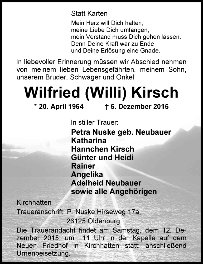  Traueranzeige für Wilfried Kirsch vom 08.12.2015 aus Nordwest-Zeitung