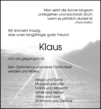 Traueranzeige von Klaus Schaap von Nordwest-Zeitung