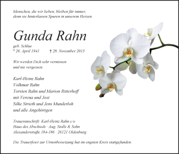 Traueranzeige von Gunda Rahn von Nordwest-Zeitung