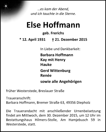 Traueranzeige von Else Hoffmann von Nordwest-Zeitung