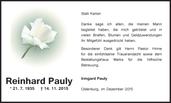 Traueranzeige von Reinhard Pauly von Nordwest-Zeitung