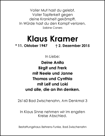Traueranzeige von Klaus Kramer von Nordwest-Zeitung
