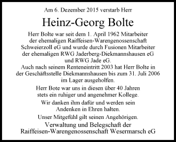 Traueranzeige von Heinz-Georg Bolte von Nordwest-Zeitung