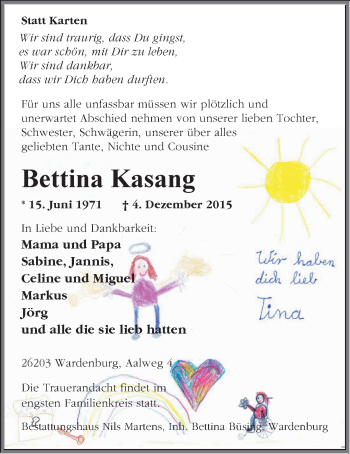 Traueranzeige von Bettina Kasang von Nordwest-Zeitung