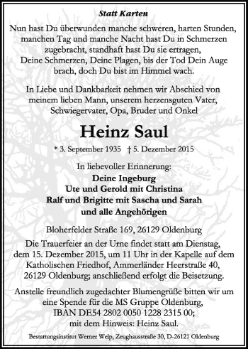 Traueranzeige von Heinz Saul von Nordwest-Zeitung