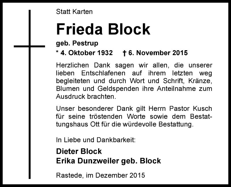  Traueranzeige für Frieda Block vom 19.12.2015 aus Nordwest-Zeitung