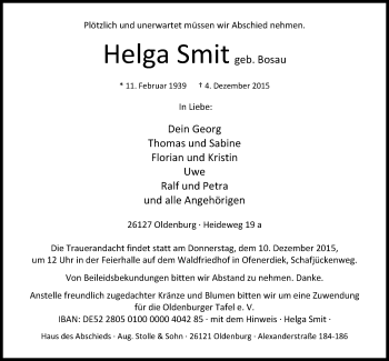 Traueranzeige von Helga Smit von Nordwest-Zeitung