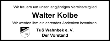 Traueranzeige von Walter Kolbe von Nordwest-Zeitung