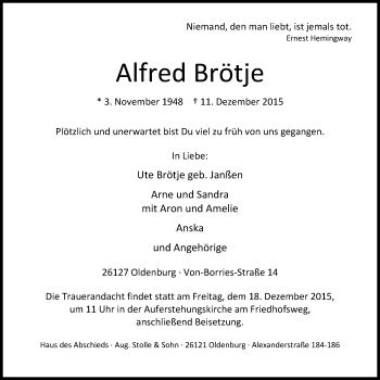 Traueranzeige von Alfred Brötje von Nordwest-Zeitung