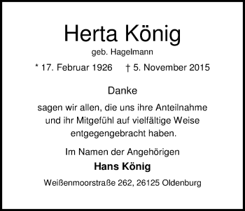 Traueranzeige von Herta König von Nordwest-Zeitung
