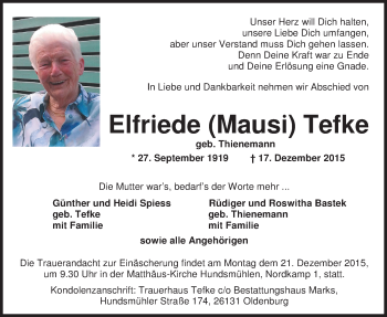Traueranzeige von Elfriede Tefke von Nordwest-Zeitung