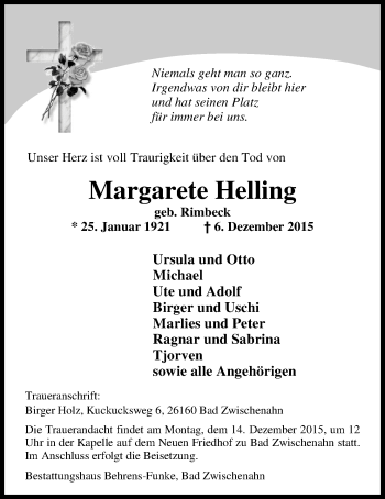 Traueranzeige von Margarete Helling von Nordwest-Zeitung