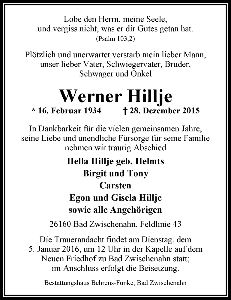  Traueranzeige für Werner Hillje vom 31.12.2015 aus Nordwest-Zeitung