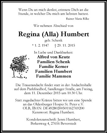 Traueranzeige von Regina Humbert von Nordwest-Zeitung