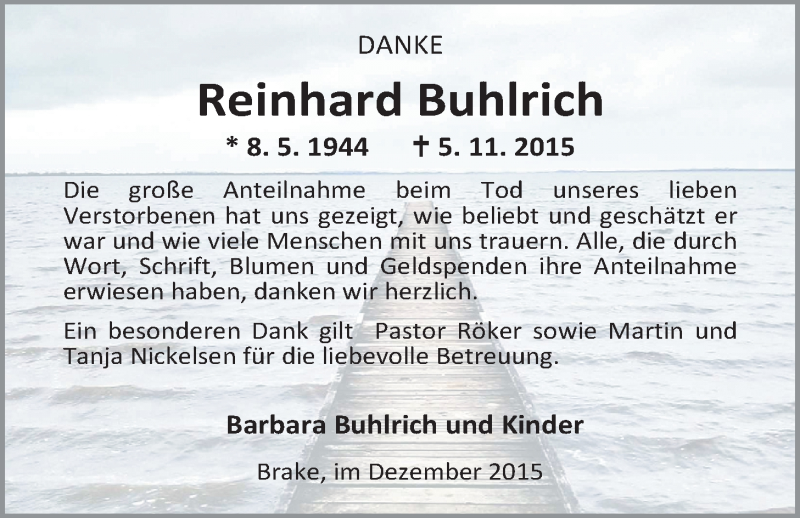  Traueranzeige für Reinhard Buhlrich vom 12.12.2015 aus Nordwest-Zeitung