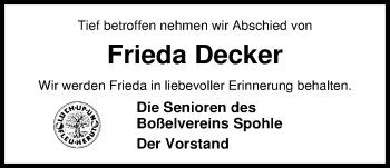 Traueranzeige von Frieda Decker von Nordwest-Zeitung