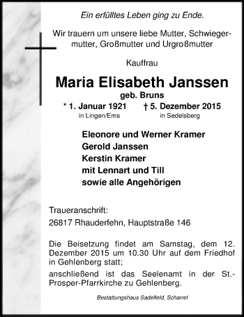 Traueranzeige von Maria Elisabeth Janssen von Nordwest-Zeitung