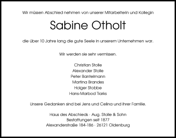 Traueranzeige von Sabine Otholt von Nordwest-Zeitung