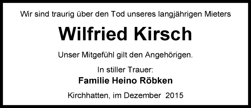  Traueranzeige für Wilfried Kirsch vom 08.12.2015 aus Nordwest-Zeitung